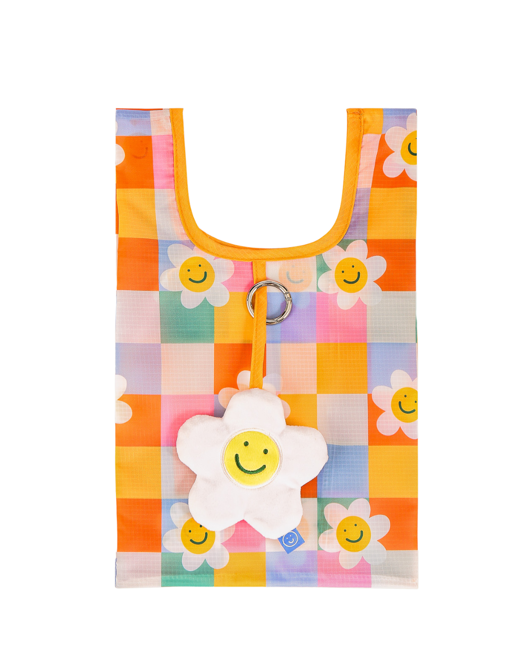 Checkered Flower Plushie Reusable Nylon Bag