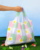 Pastel Checkered Flower Reusable Nylon Bag
