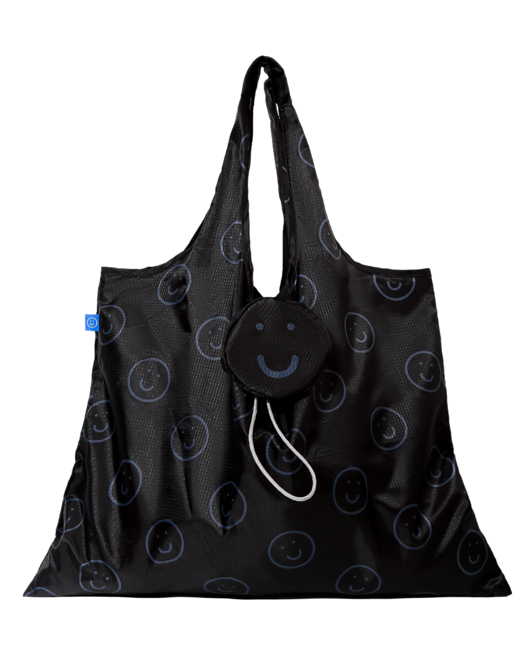 Front View of the smiley reusable bag in black with the attached pouch