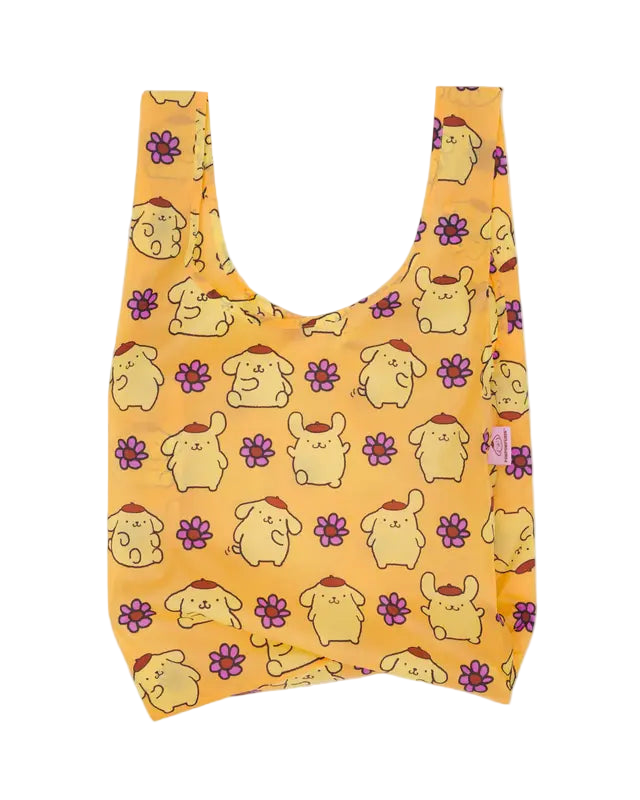 Reusable bag with cartoon dog pattern on a yellow background