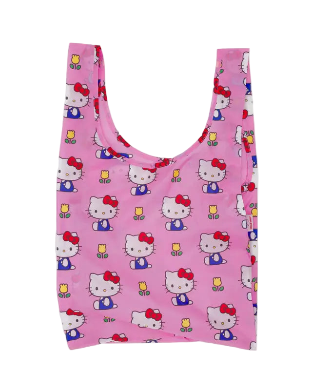 Pink reusable bag with Hello Kitty pattern on a white background