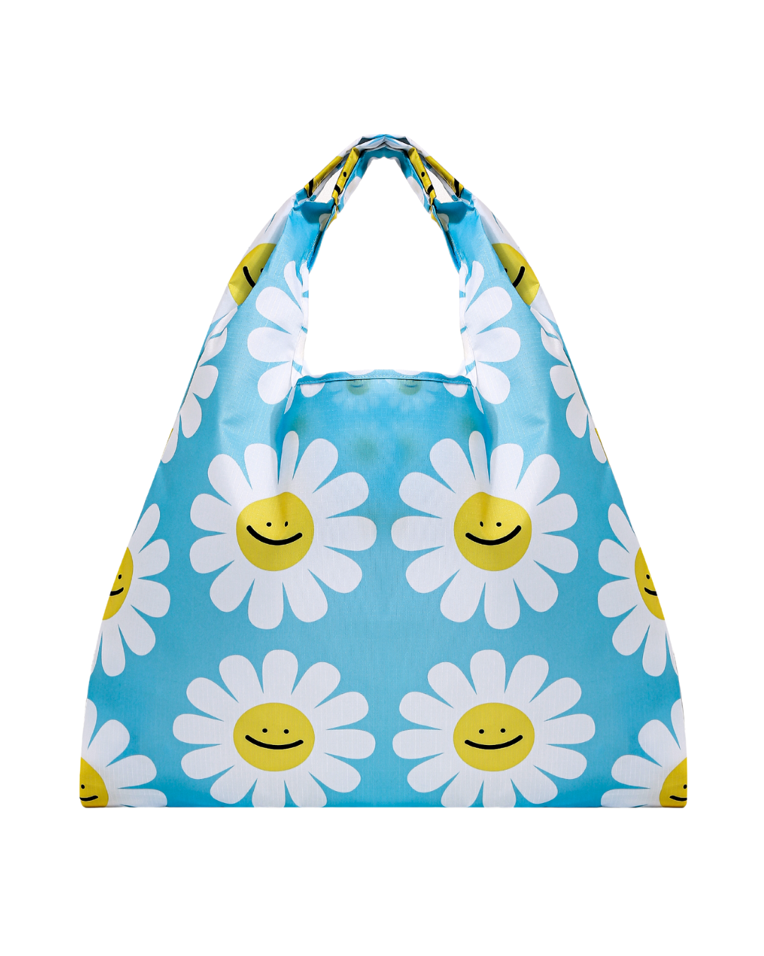 A reusable nylon shopping bag with a checkered blue and white pattern, featuring graphic designs of daisy flowers with smiling faces.
