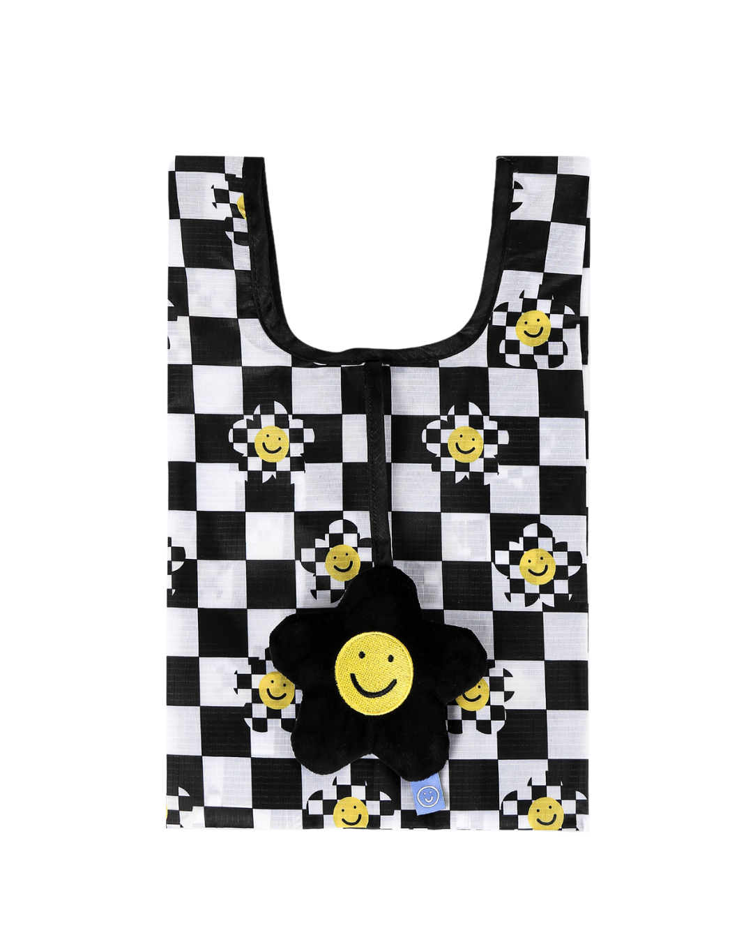 Black Checkered Flower Plushie Reusable Nylon Bag