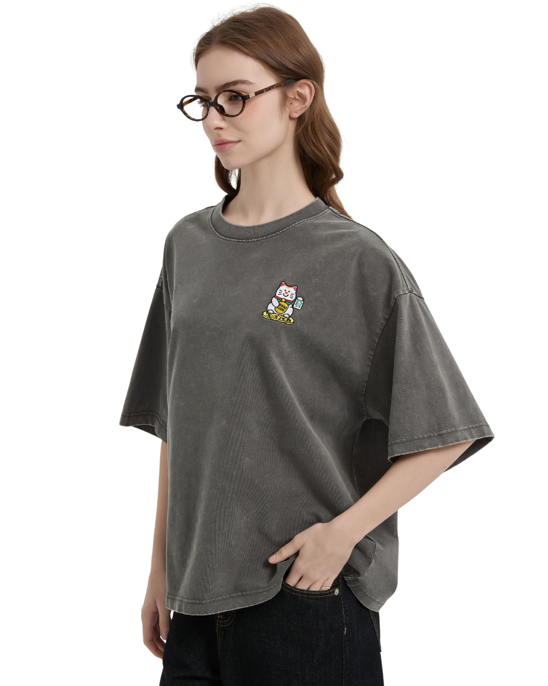 Fortune Cat Embroidery Boxy Tee in Acidwash