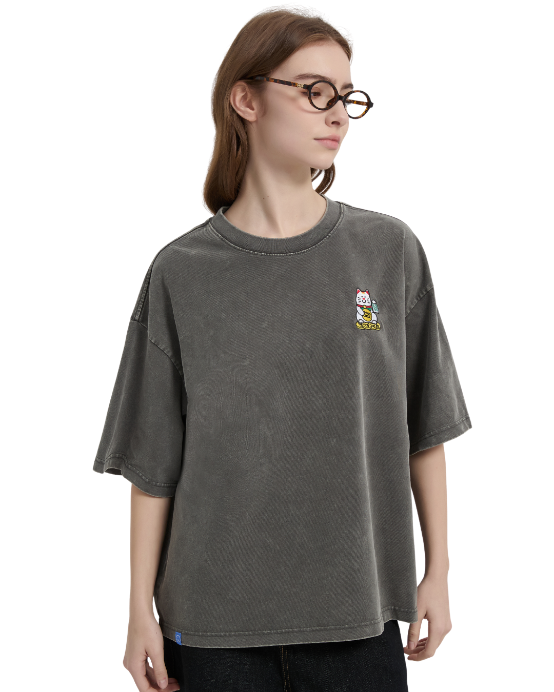 Fortune Cat Embroidery Boxy Tee in Acidwash