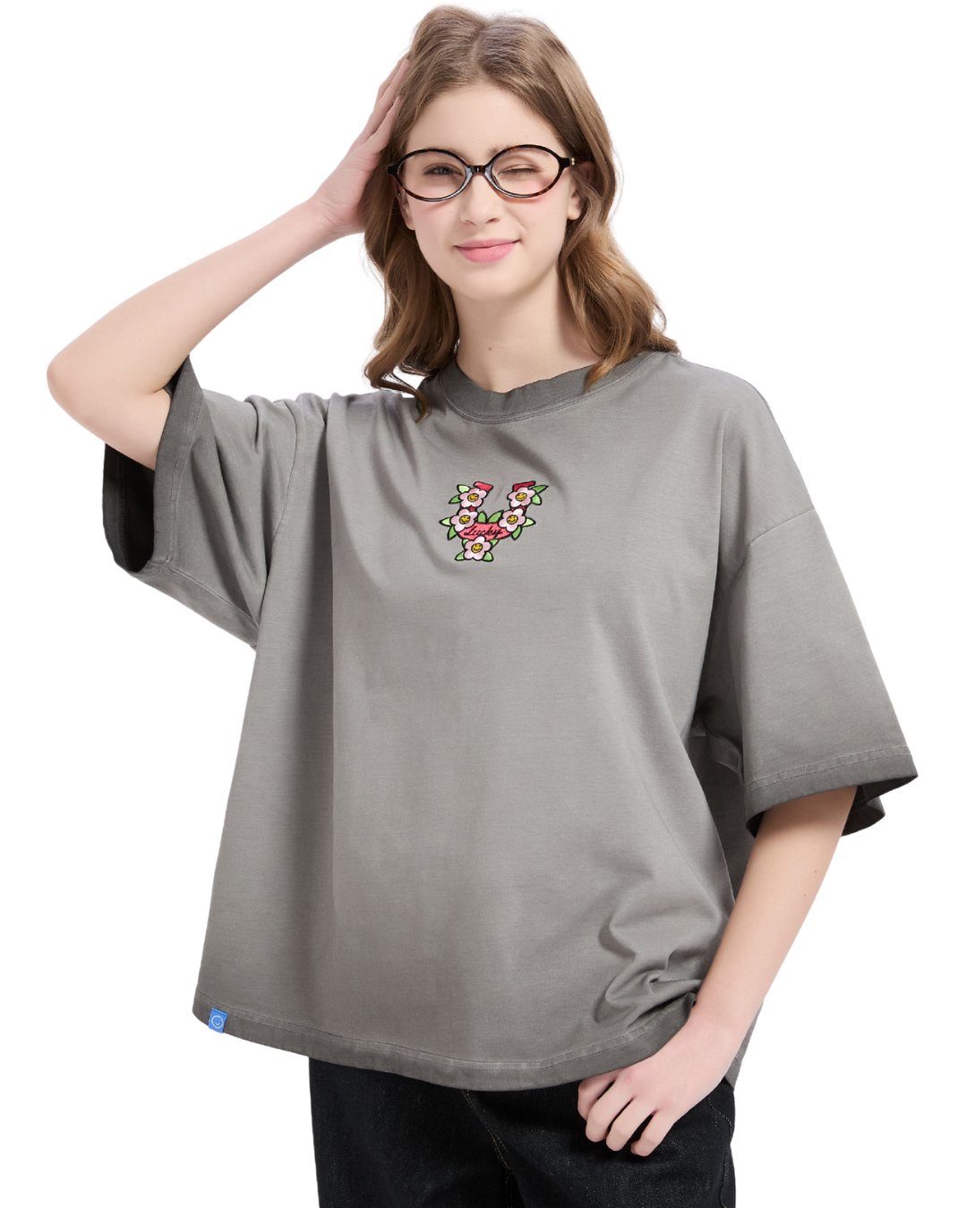 Horseshoe Embroidery Boxy Tee in Acidwash