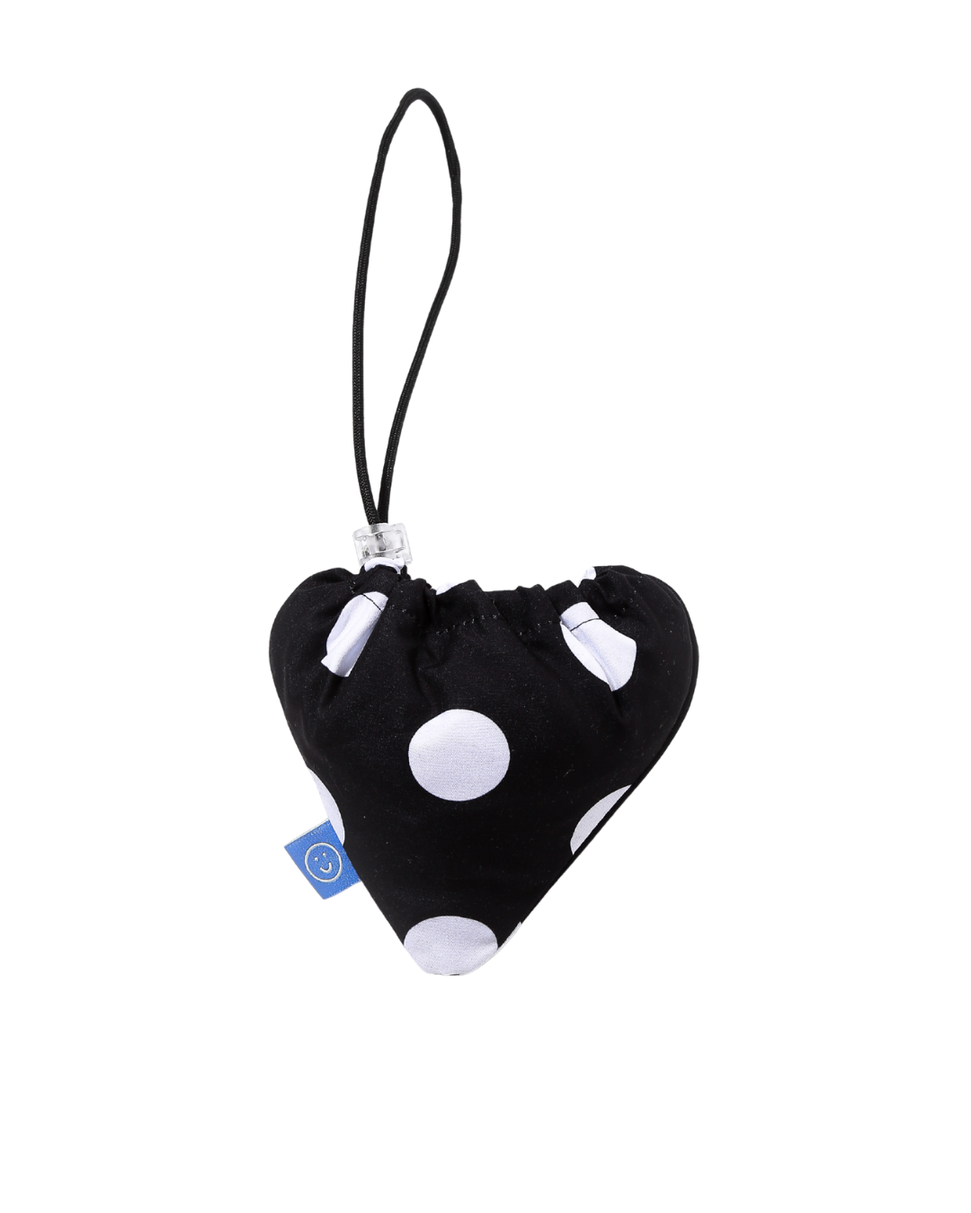 Black heart-shaped plush bag with white polka dots