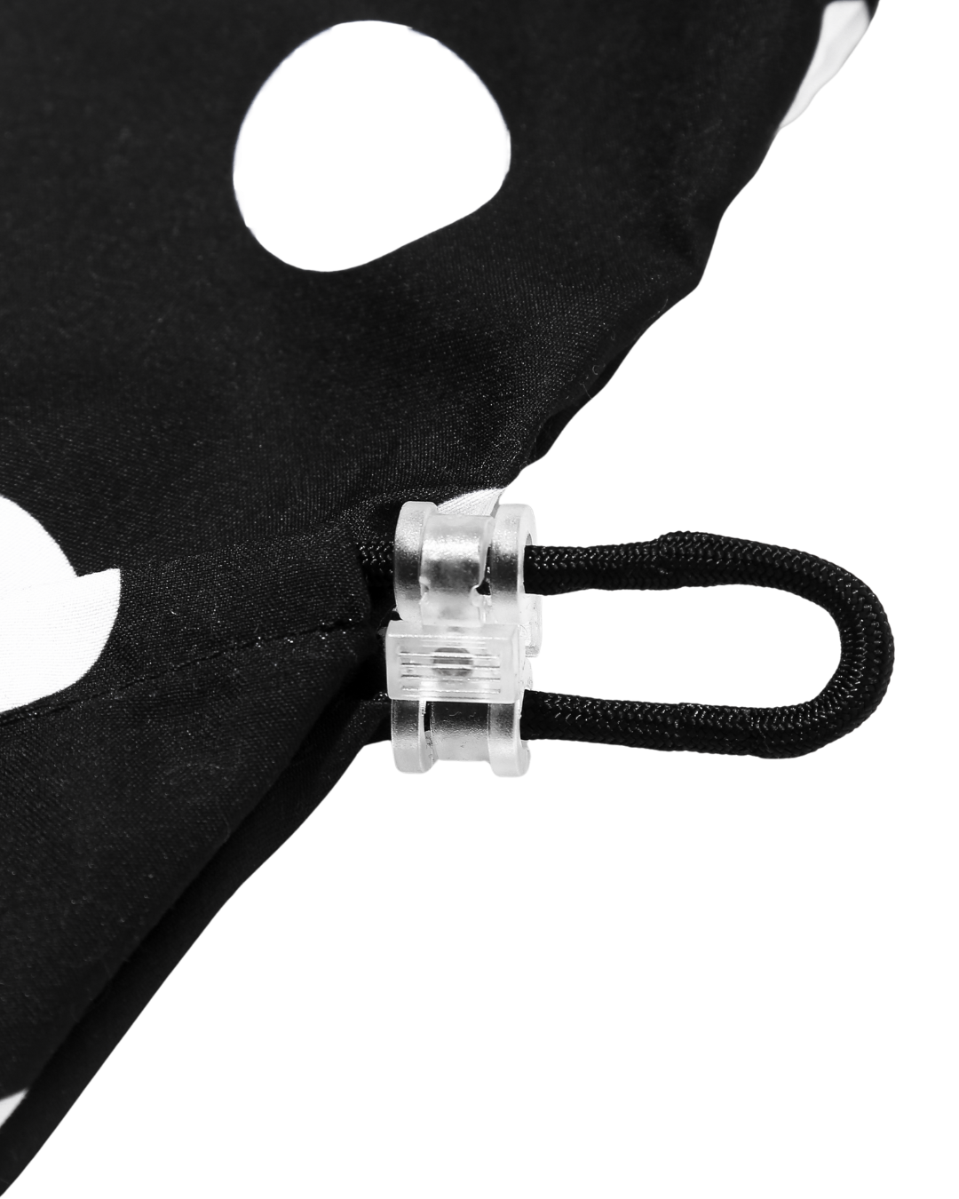 Close-up of a clear plastic clip on a tote bag
