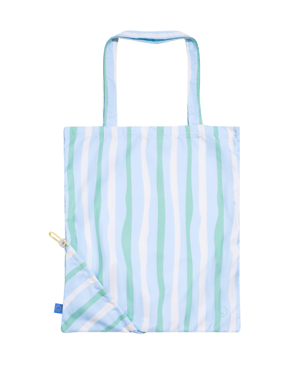 Tote bag with blue and green striped pattern on a white background