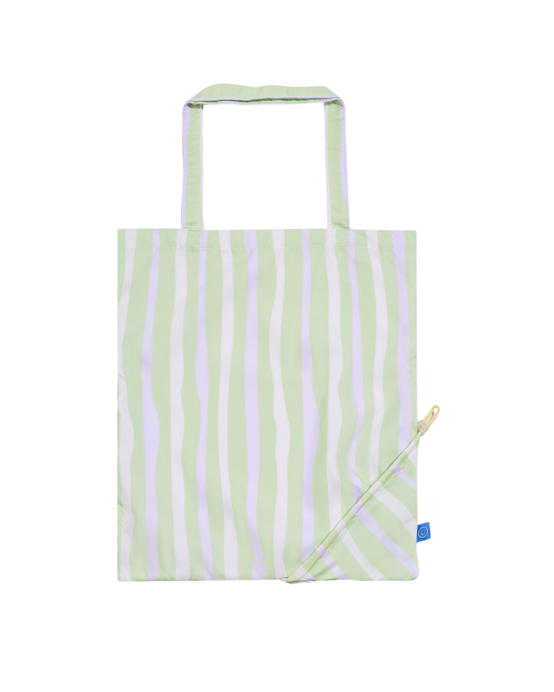 Green and white striped tote bag on a white background