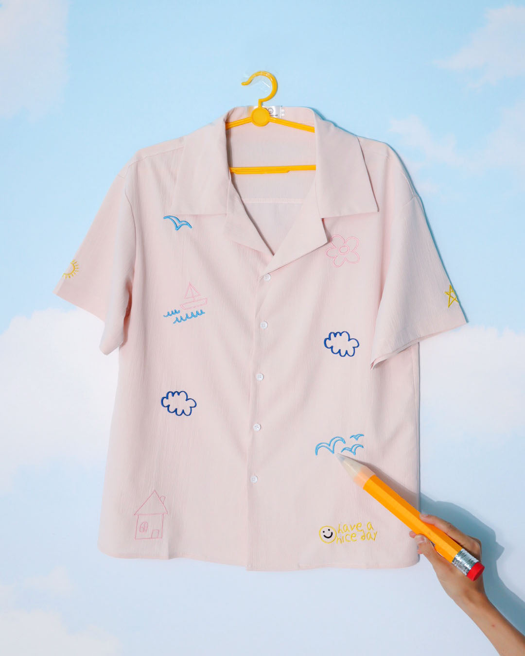Good Times Embroidery Short Sleeve Shirt in Nude Pink