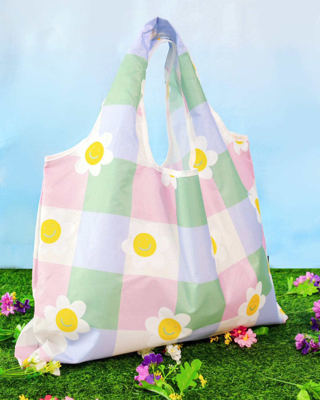 Pastel Checkered Flower Reusable Nylon Bag