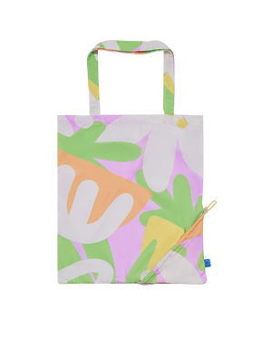 Tote bag with colorful leaf pattern on a white background