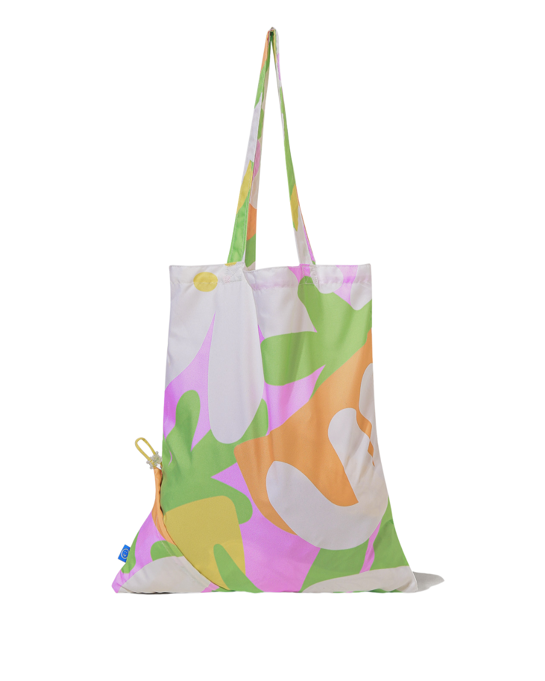 Colorful tote bag with abstract design on a white background