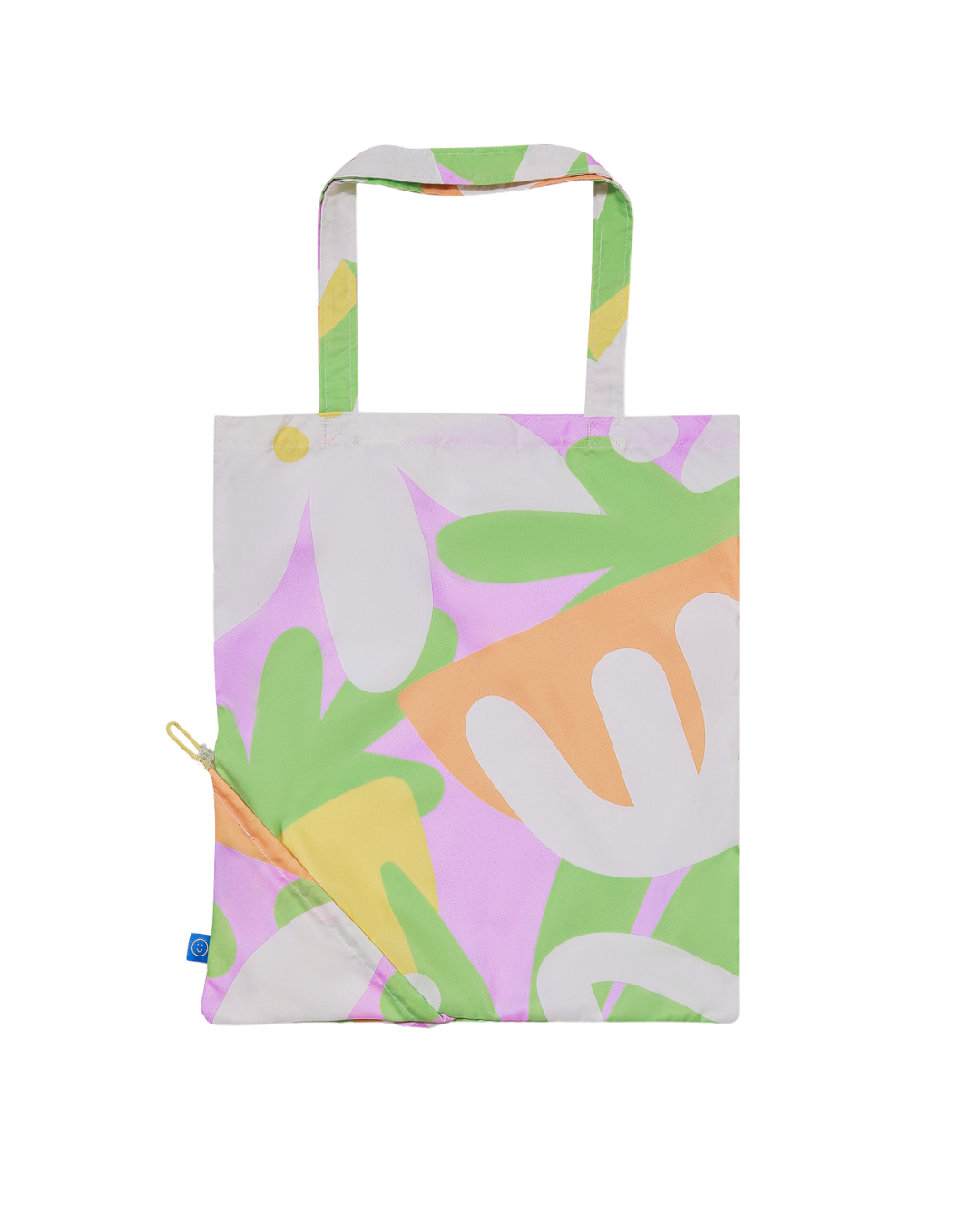 Tote bag with colorful abstract design on a white background
