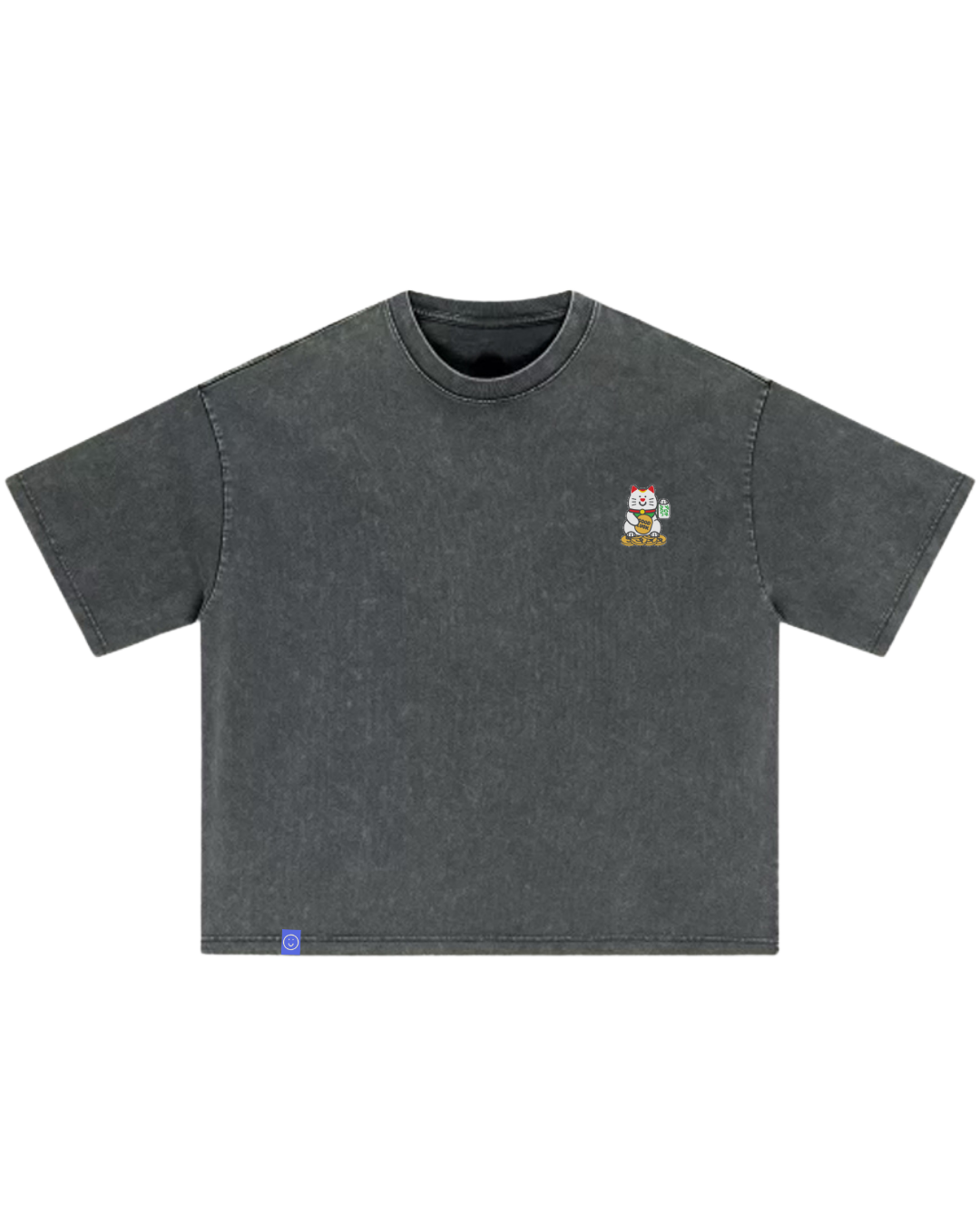 Fortune Cat Embroidery Boxy Tee in Acidwash