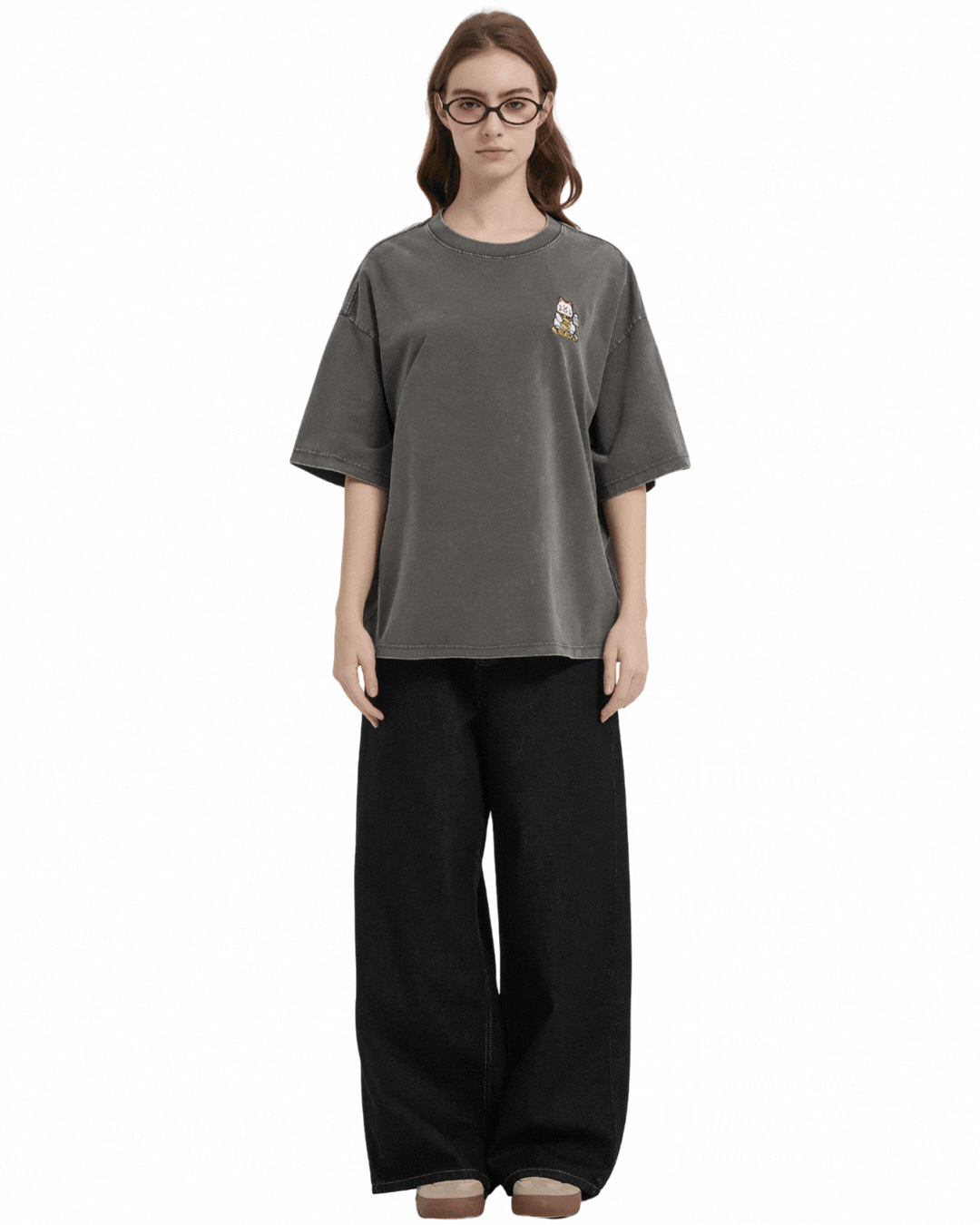 Fortune Cat Embroidery Boxy Tee in Acidwash