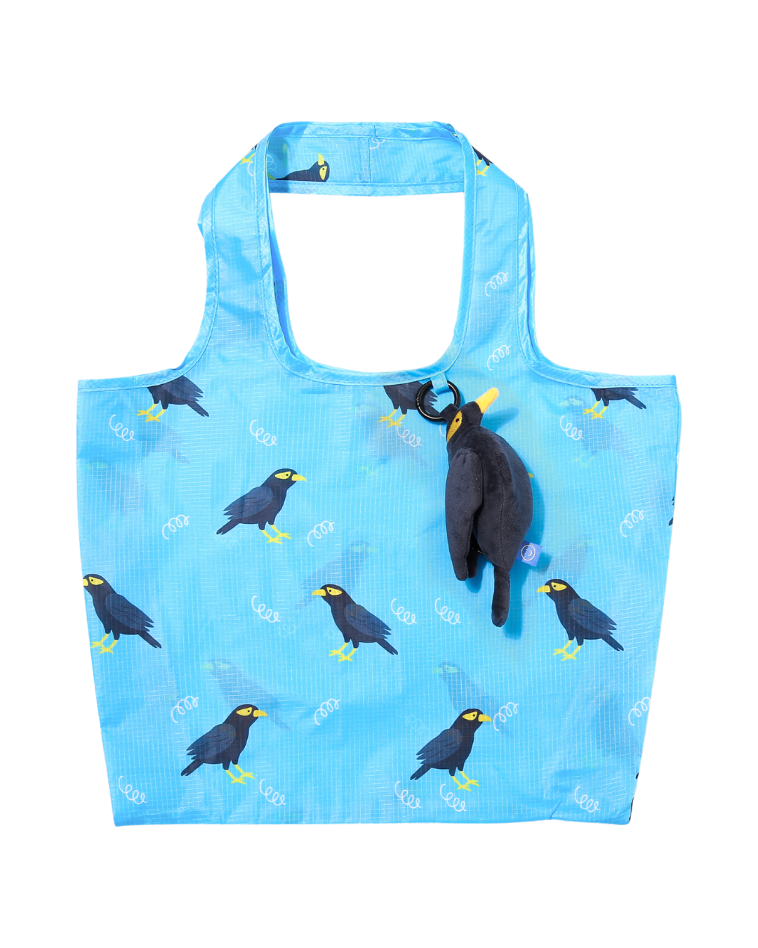 Blue reusable bag with mynah bird pattern on a white background