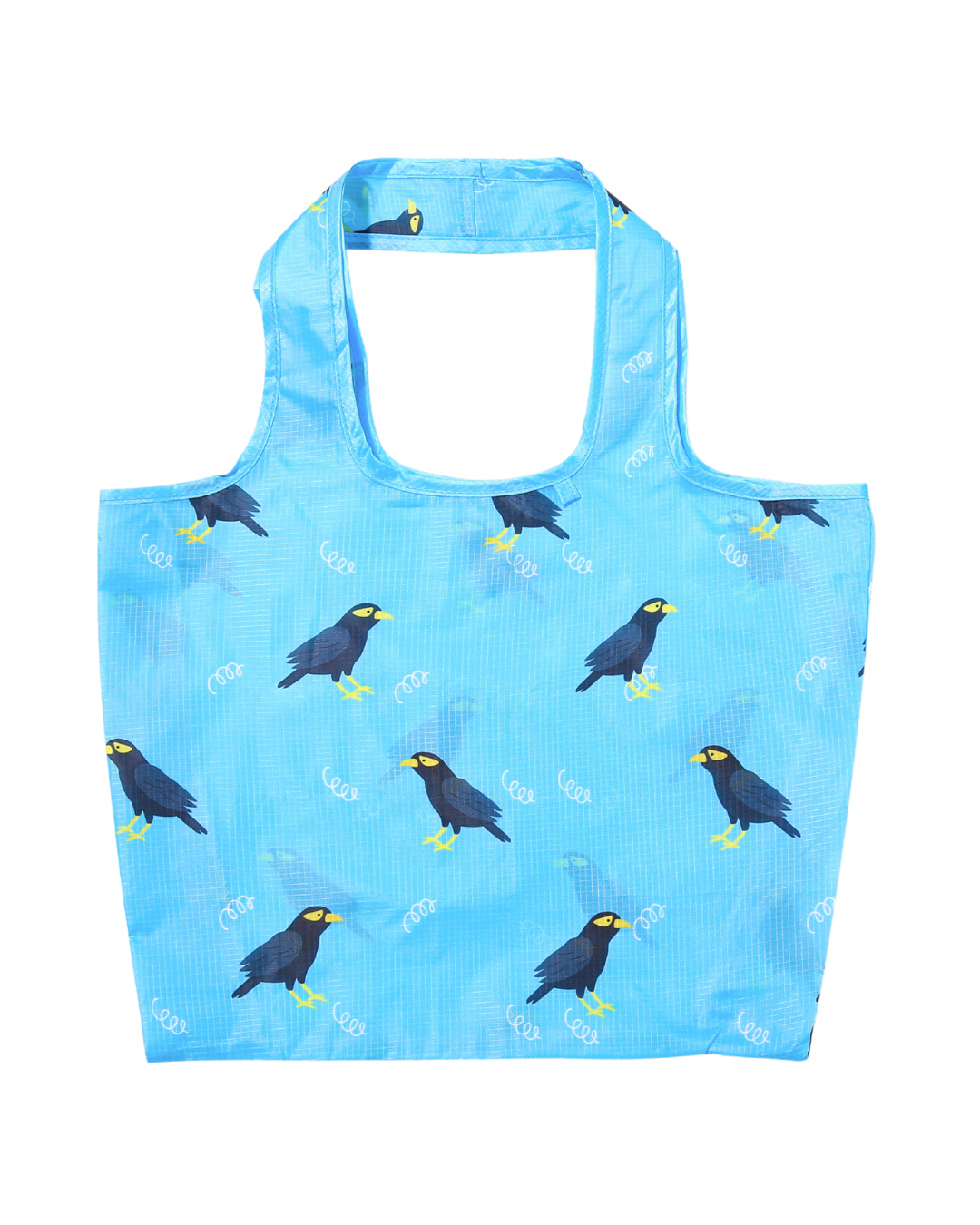 Reusable shopping bag with mynah bird pattern on a blue background
