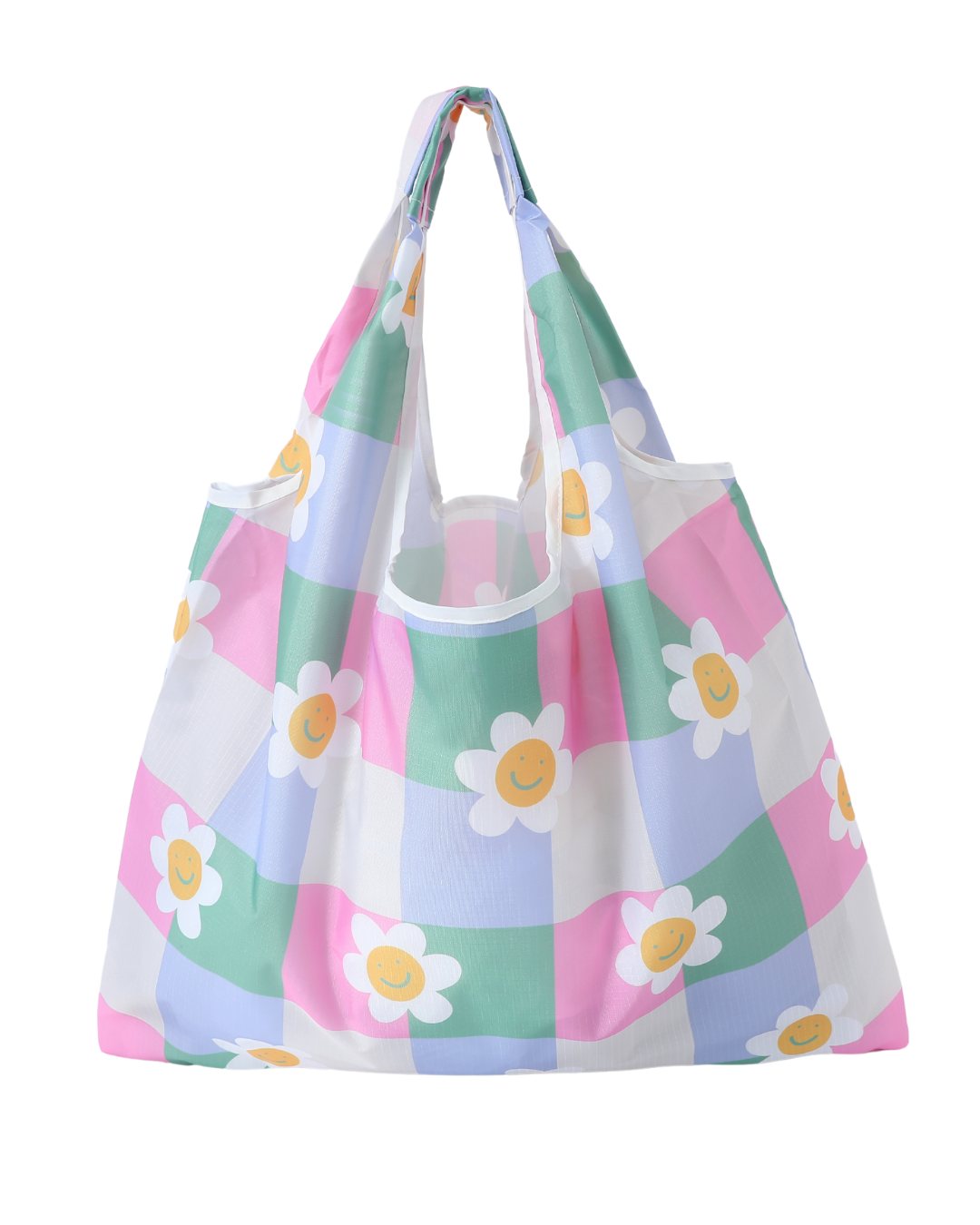 Pastel Checkered Flower Reusable Nylon Bag