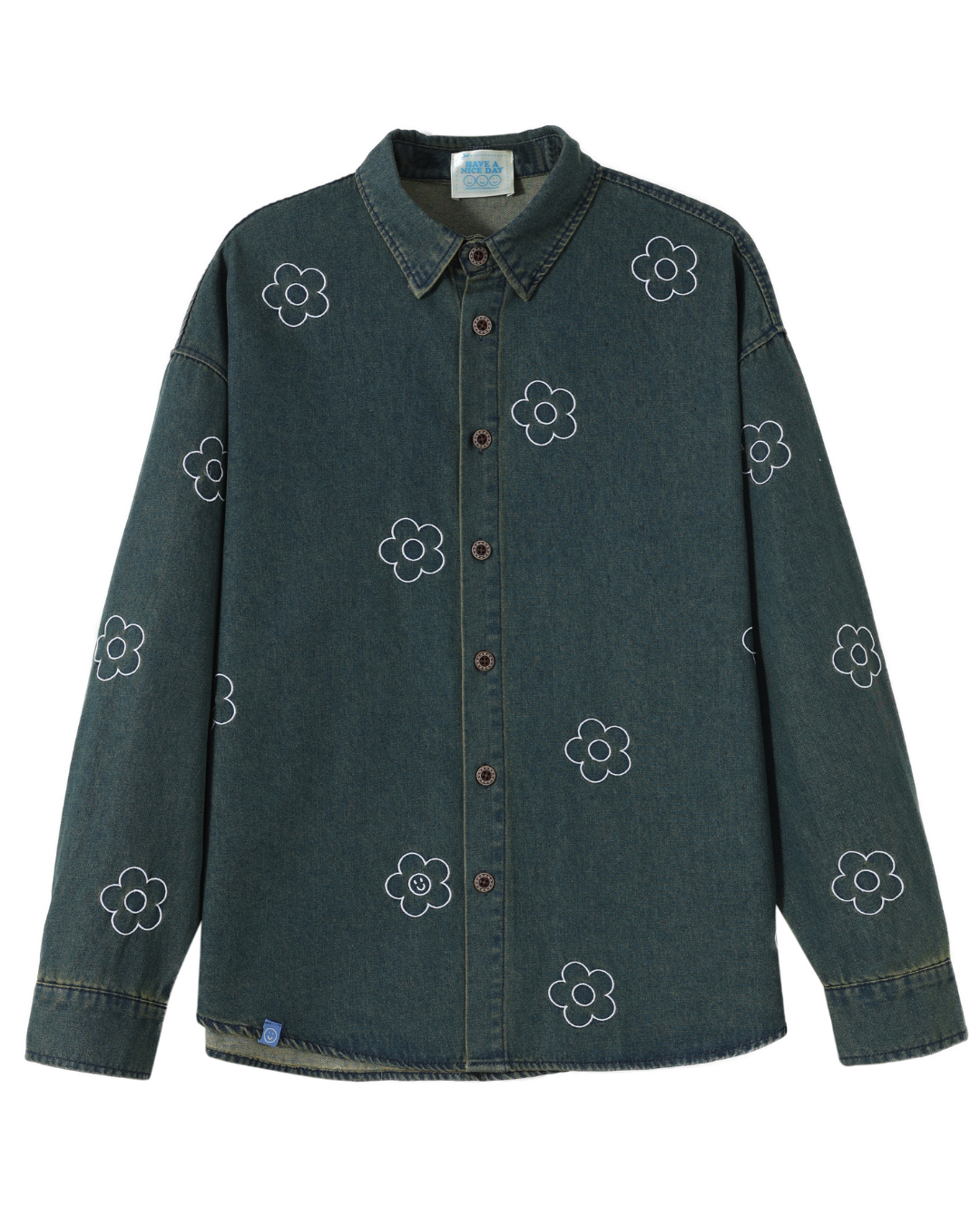 Flower Embroidery Denim Shirt in Vintage Wash