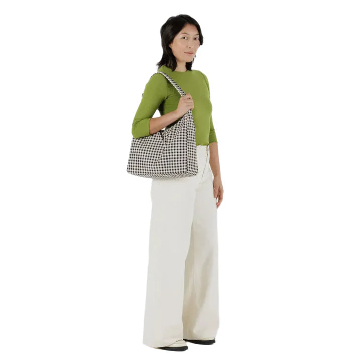 Nylon Shoulder Bag - Black and White Gingham