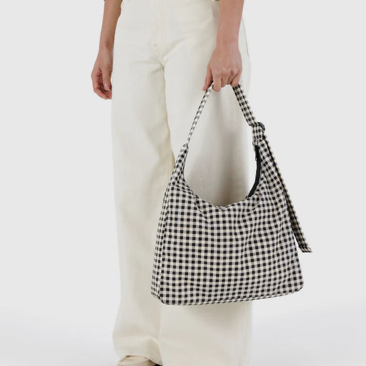 Nylon Shoulder Bag - Black and White Gingham