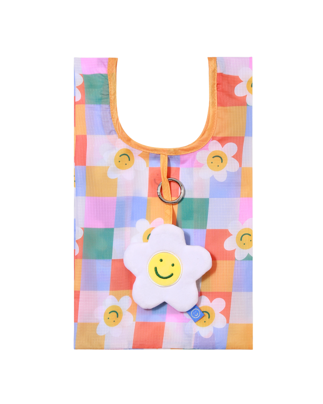 Checkered Flower Plushie Reusable Nylon Bag