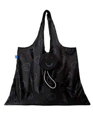 Front View of the smiley reusable bag in black with the attached pouch