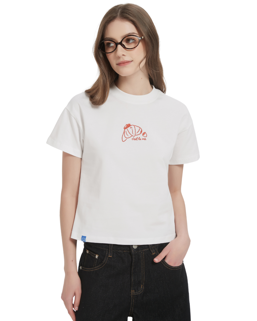front view of the baby tee on the model
