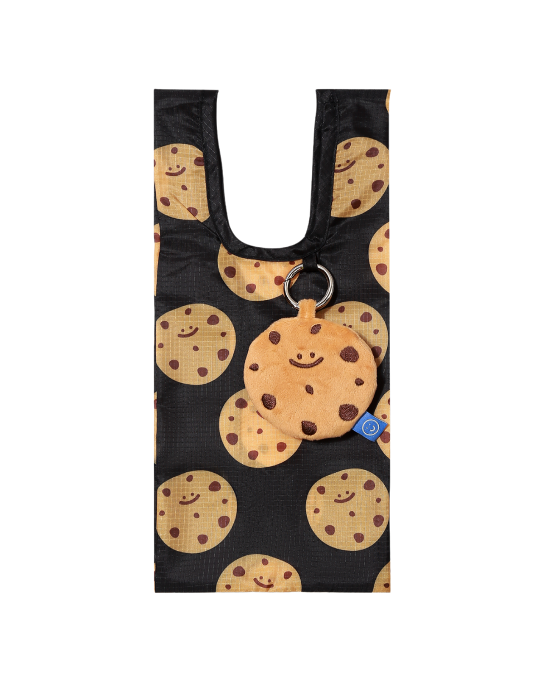 cookie printed interior reusable bag with the cookie plushie hanging on it