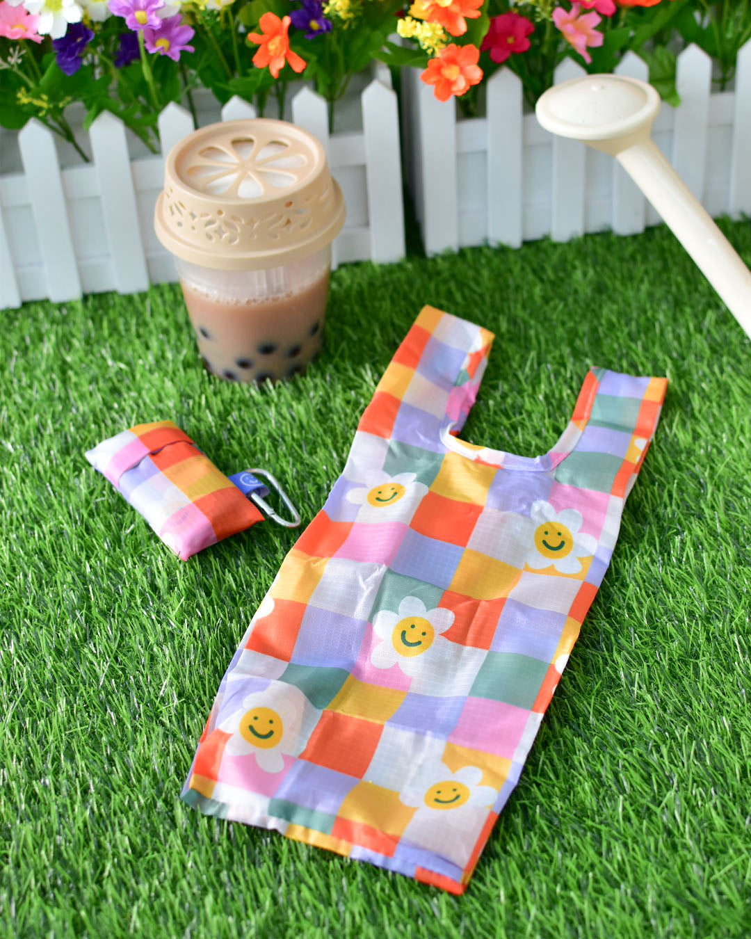 Checkered Flower Mini Reusable Nylon Bag