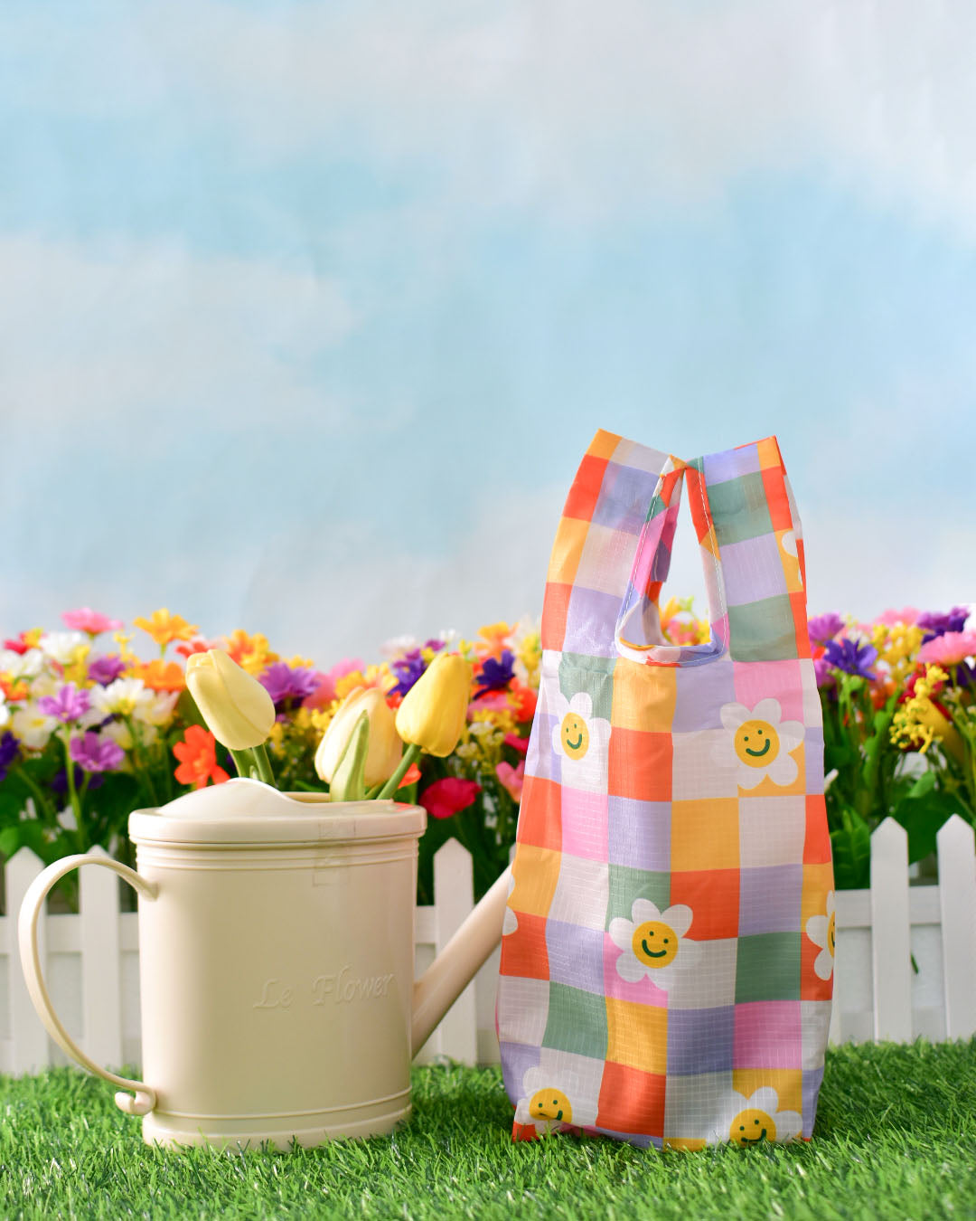 Checkered Flower Mini Reusable Nylon Bag