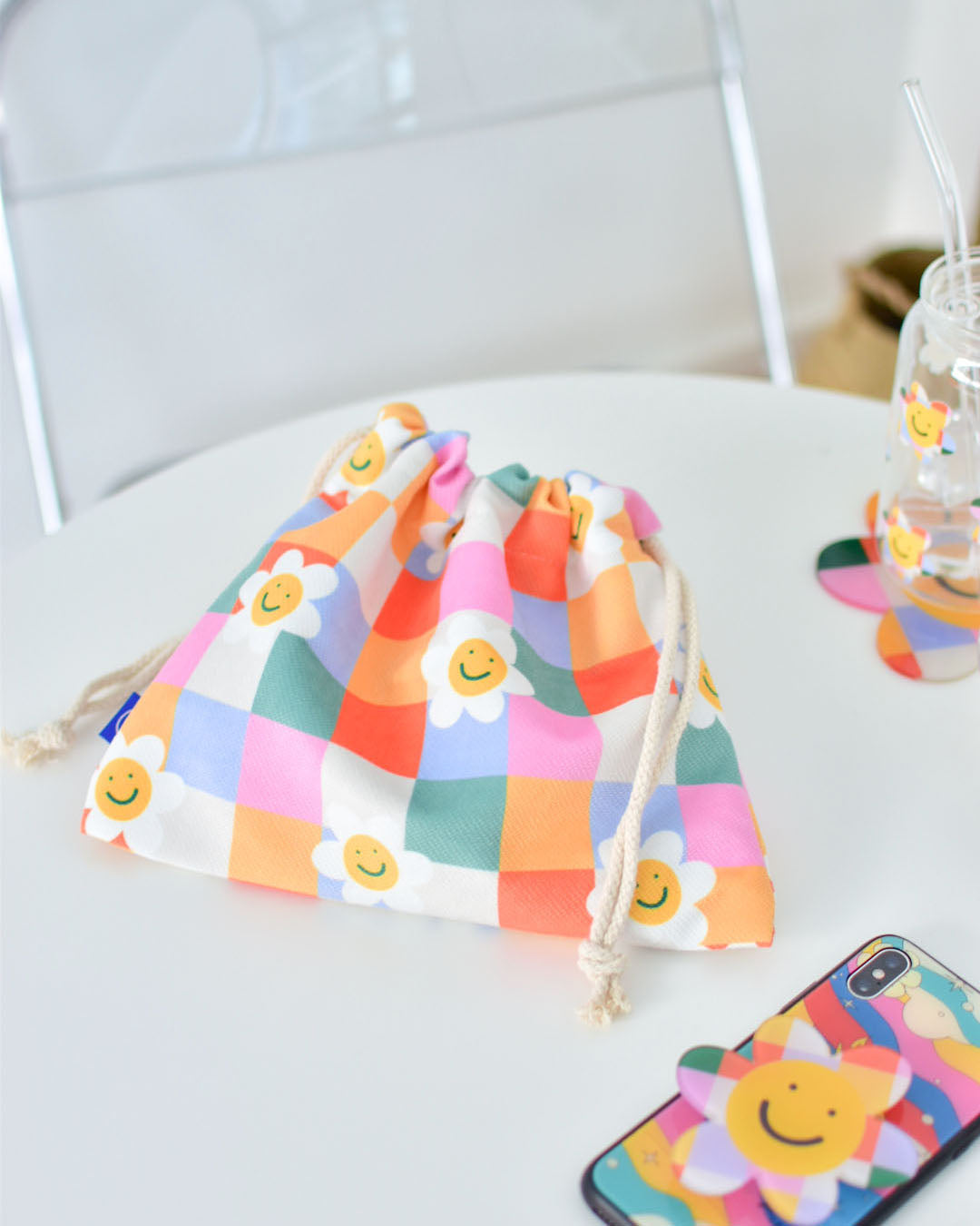Checkered Flower Drawstring Pouch