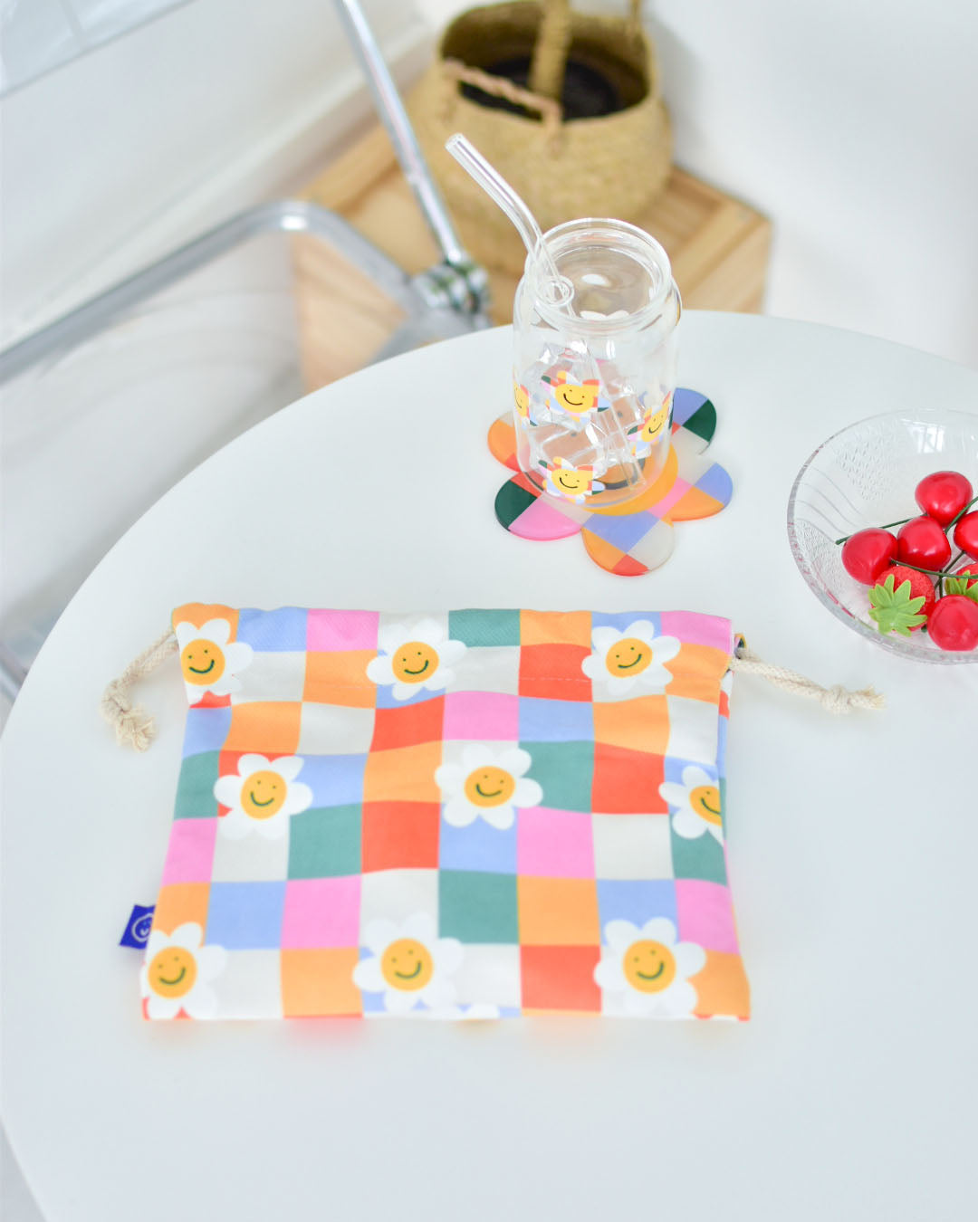 Checkered Flower Drawstring Pouch