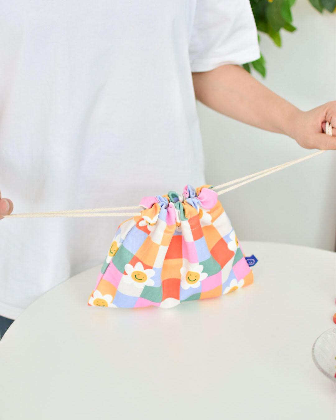 Checkered Flower Drawstring Pouch